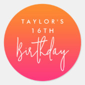 16th Birthday Bright Hot Pink and Orange Ombre Ronde Sticker (Voorkant)