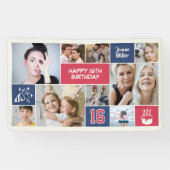 16th Birthday Custom Photo Collage Red Blue Spandoek (Horizontaal)