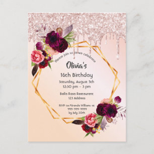 16th birthday florals rose gold glitter invitation
