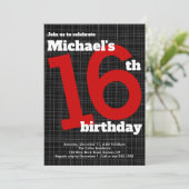 16th Birthday Invitation Black met Red Accent, Kaart (Staand voorkant)