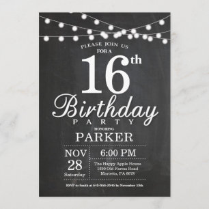 16th Birthday Invitation Chalkboard String Lights Kaart