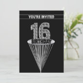16th Birthday Party Invitation - Silver and Black, Kaart (Staand voorkant)