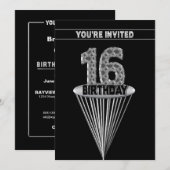 16th Birthday Party Invitation - Silver and Black, Kaart (Voorkant / Achterkant)