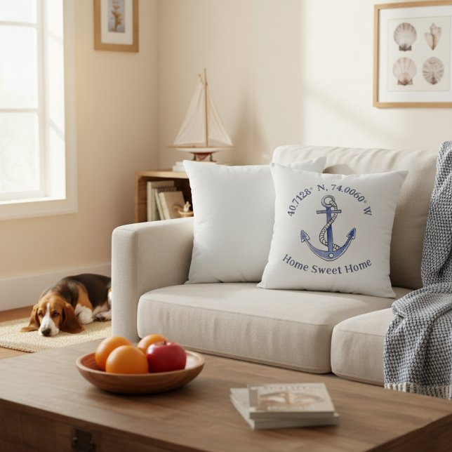 16x16 Accueil Douillet Emplacement & Coussin d'Anc (Home sweet home custom location throw pillow with anchor.)