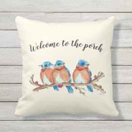 16x16 Waterverf Blauwvogels, "Welkom op de veranda Buitenkussen