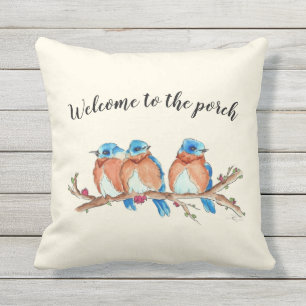 16x16 Waterverf Blauwvogels, "Welkom op de veranda Buitenkussen