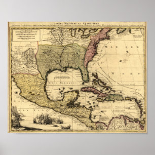 1710 Kaart van Mexico, het Caribisch gebied en Noo Poster
