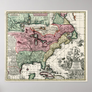 1720 Kaart van de kolonies van Noord-Amerika Poster