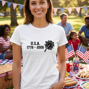 1776-2026 Minimal Zwart Typografie Vuurwerk T-shirt