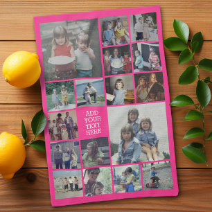 17 Foto collage en tekst - Kan Hot Pink bewerken Theedoek