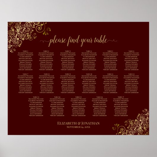 17 Tabel Lacy Gold Auburn Wedding Seating Chart Poster (Voorkant)