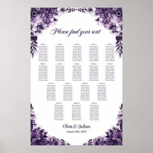 17 Tableau Mariage Floral Violet Tableau de sièges (Devant)