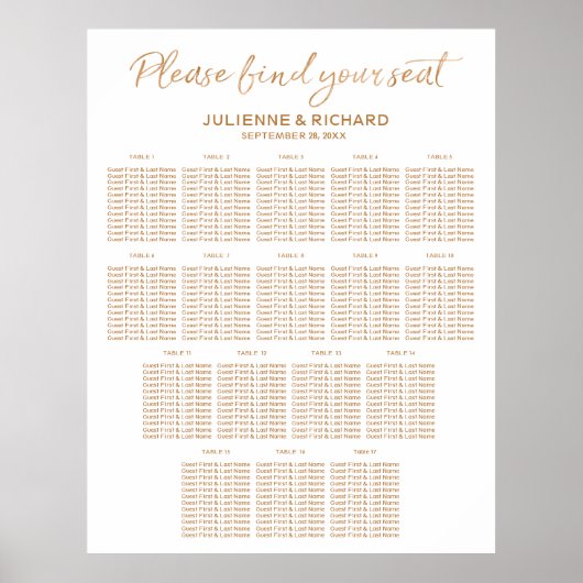 17 Tables Wedding Seating Plan Roos Gold Sign Poster (Voorkant)