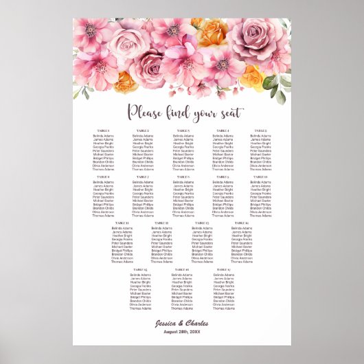 17 Tafel Elegant Roze Bloemen Bruiloft Zitkaarten Poster (Voorkant)