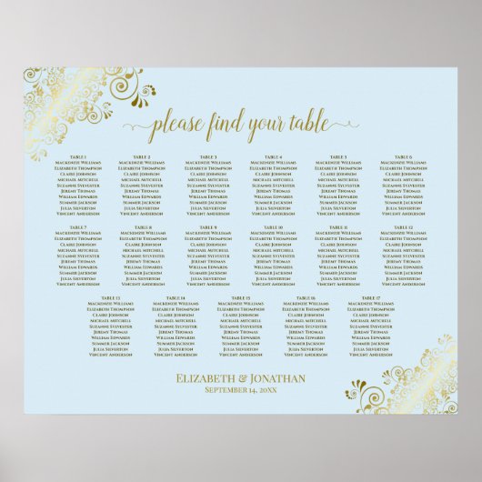 17 Tafel - Powder Blue & Gold Wedding Seating Char Poster (Voorkant)