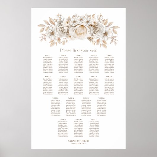 17 Tafel Wit Bloemen Bruiloft Zitkaarten Poster (Voorkant)