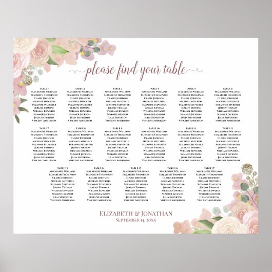 17 Tafelroze Floral Elegant Wedding Seating Chart Poster (Voorkant)
