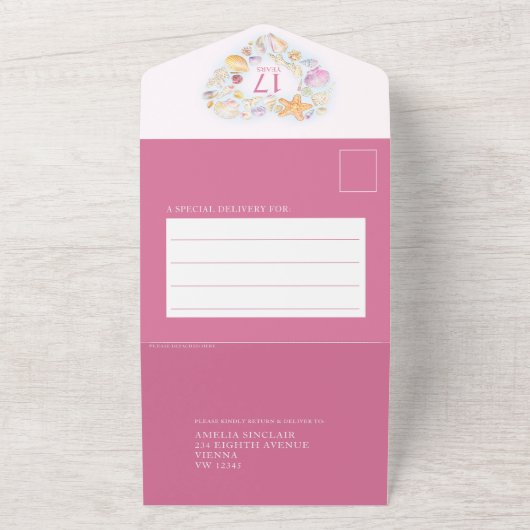 17de trouwdag schelp hart aquarel all in one uitnodiging (Buitenkant)