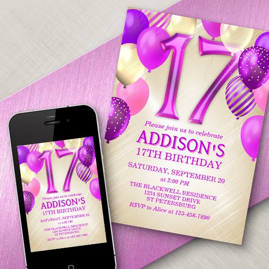 17e anniversaire Ballons roses Invitation