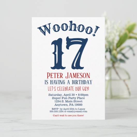 17e anniversaire Invitation Ado Garçon Marine Bleu (Debout devant)