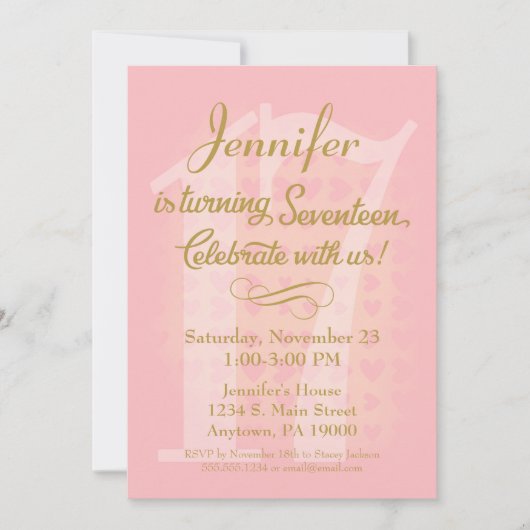 17e anniversaire Invitation Filles Coeurs d'or ros (Devant)