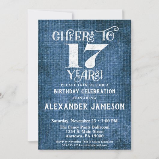 17e anniversaire Invitation Linge bleu Rustique Br (Devant)