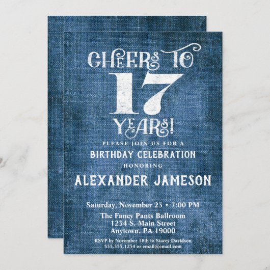 17e anniversaire Invitation Linge bleu Rustique Br (Devant / Derrière)