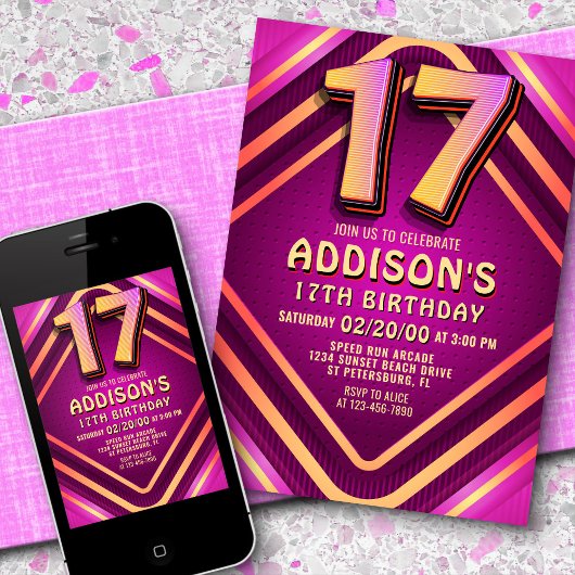 17e anniversaire Neon Invitation