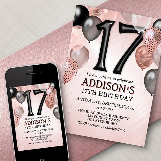17e anniversaire Rose Gold Ballons Invitation