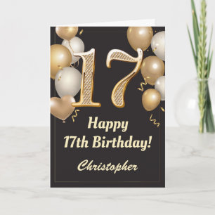 17e Birthday Black en Gold Balloons Confetti Kaart