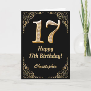 17e Birthday Black en Gold Glitter Lijst Kaart