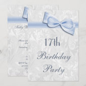 17e Birthday Party Damask and Faux Bow Kaart (Voorkant / Achterkant)