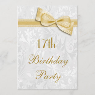 17e Birthday Party Damask and Faux Bow Kaart
