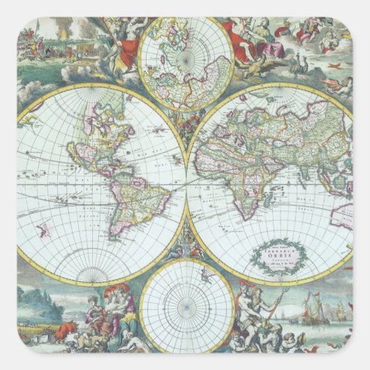 17e eeuw Antiek Wereldkaart, Frederick De Wit Vierkante Sticker (Voorkant)