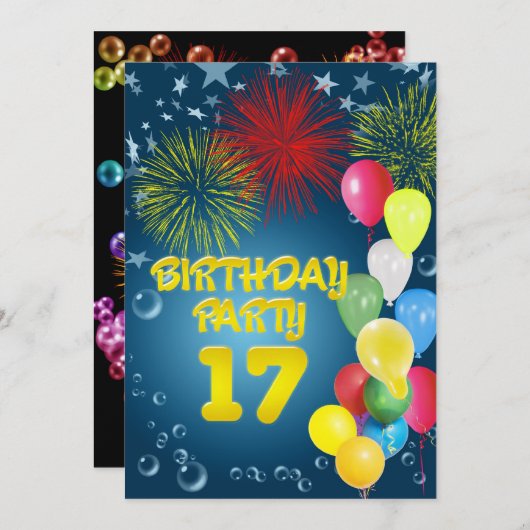 17e fête d'anniversaire Invitation avec ballons (Devant / Derrière)