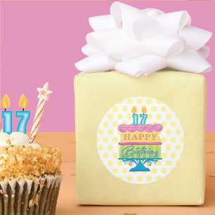 17e Happy Birthday Cake Yellow Stippen Ronde Sticker