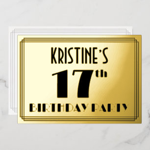 17e verjaardag — Art Deco look "17" + Naam Folie Uitnodiging