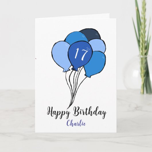 17e verjaardag blauwe ballonnen kaart (Voorkant)
