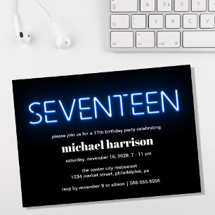 17e verjaardag Blue Neon Lights Party Kaart