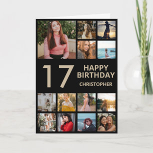 17e verjaardag Foto Collage 13 Foto's Black & Gold Kaart
