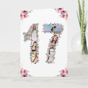 17e verjaardag Foto Collage Girl Pink Flower White Kaart