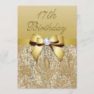 17e verjaardag Gold Faux Sequins and Bow Kaart