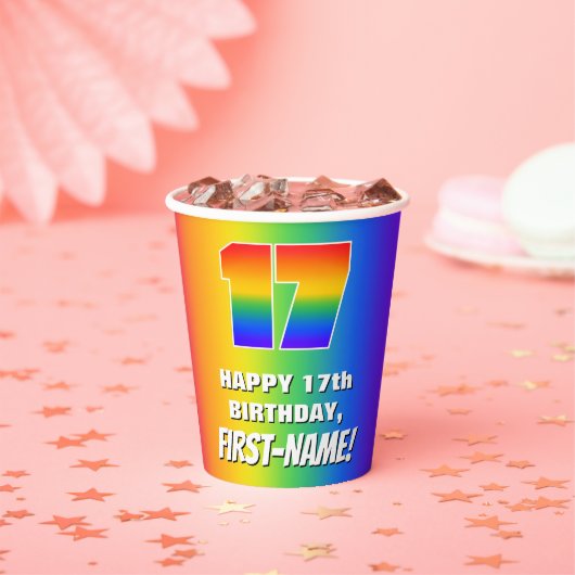 17e verjaardag: kleurrijk, vun regenboogpatroon #  papieren bekers (Insitu)