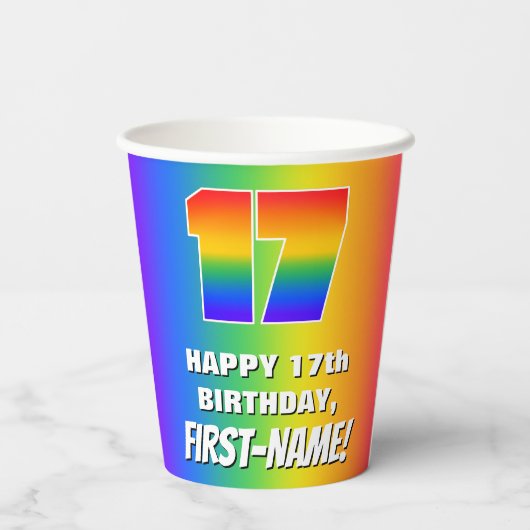 17e verjaardag: kleurrijk, vun regenboogpatroon #  papieren bekers (Achterkant)