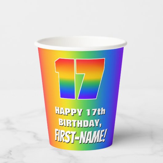 17e verjaardag: kleurrijk, vun regenboogpatroon #  papieren bekers (Voorkant)