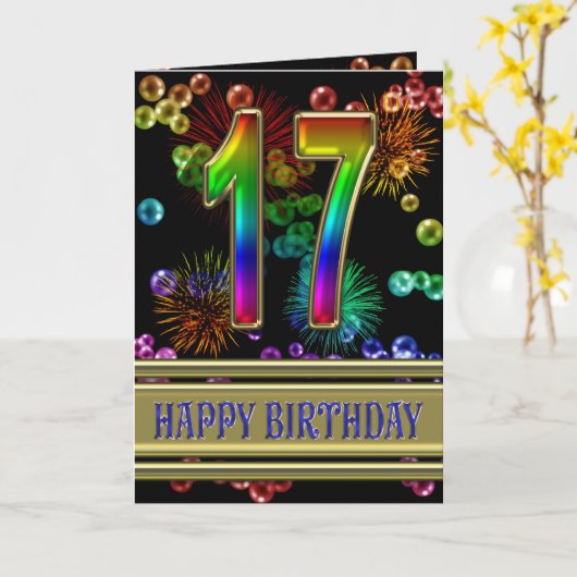 17e verjaardag met regenboogbubbels en vuurwerk kaart (Gele Bloem)