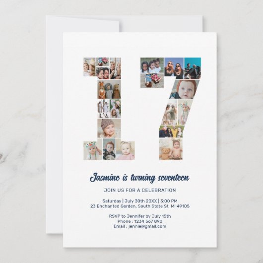 17e verjaardag nummer 17 aangepaste fotocollage kaart (Voorkant)