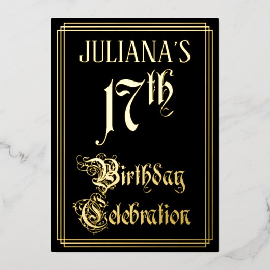 17e verjaardag Partij — Fancy Manuscript & Naam va Folie Uitnodiging (Voorkant)