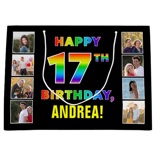 17e verjaardag: Regenboogtekst, aangepaste foto's Groot Cadeauzakje (Voorkant)