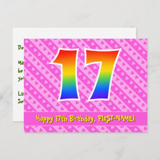 17e verjaardag: roze strepen en harten, regenboog briefkaart (Voorkant / Achterkant)